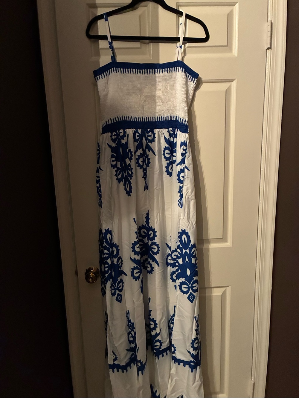 Amazon White and Blue Smocked Strap Maxi Dress